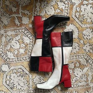 Black white and red square toe boots
